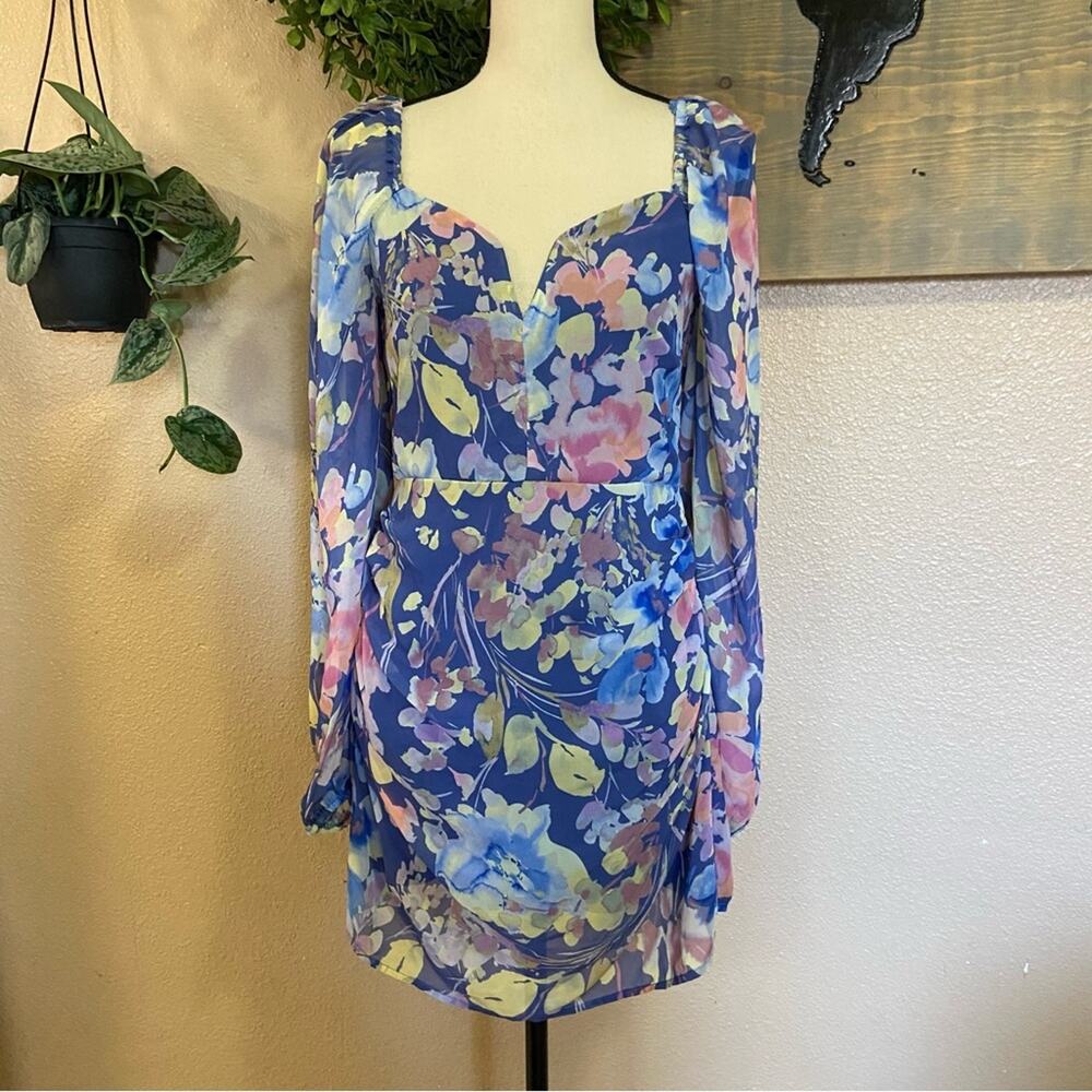 NWOT Lulus Beautiful Impression Blue Floral Chiffon Long Sleeve Mini Dre… - Picture 2 of 10